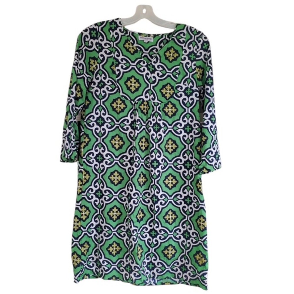 Buckhead Betties Green Geometric Print 3/4 sleeve Mod 60s style Shift Dress Sz.S